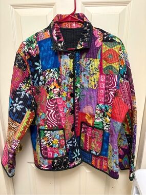 Vintage Reversible Multicolor Cotton Patchwork Quilted Jacket L/XL